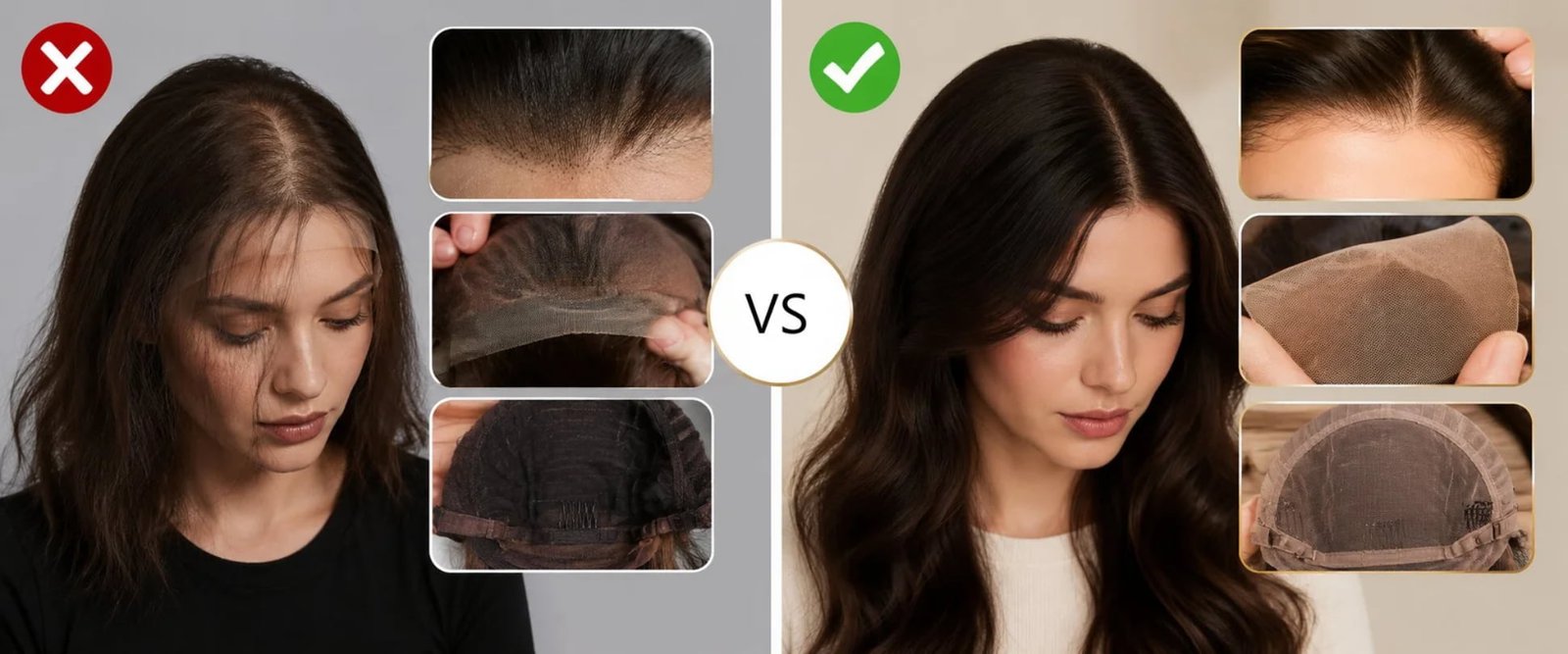 Comparison showing poor quality lace wig versus premium manufactured lace wig