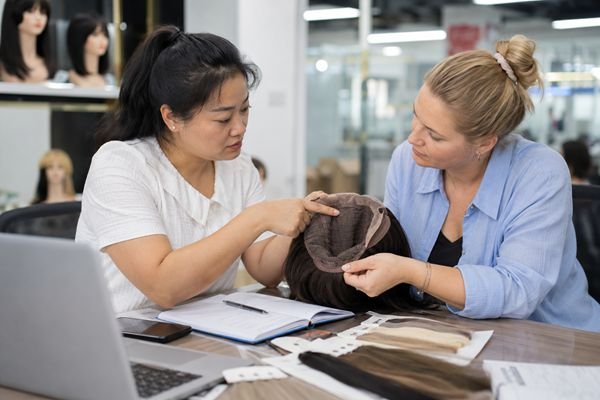 A customer service representative helping a client with a wig